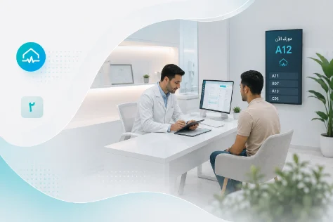 طبيب مع مريض داخل غرفة الكشف وشاشة الدور معلقة على الحائط
