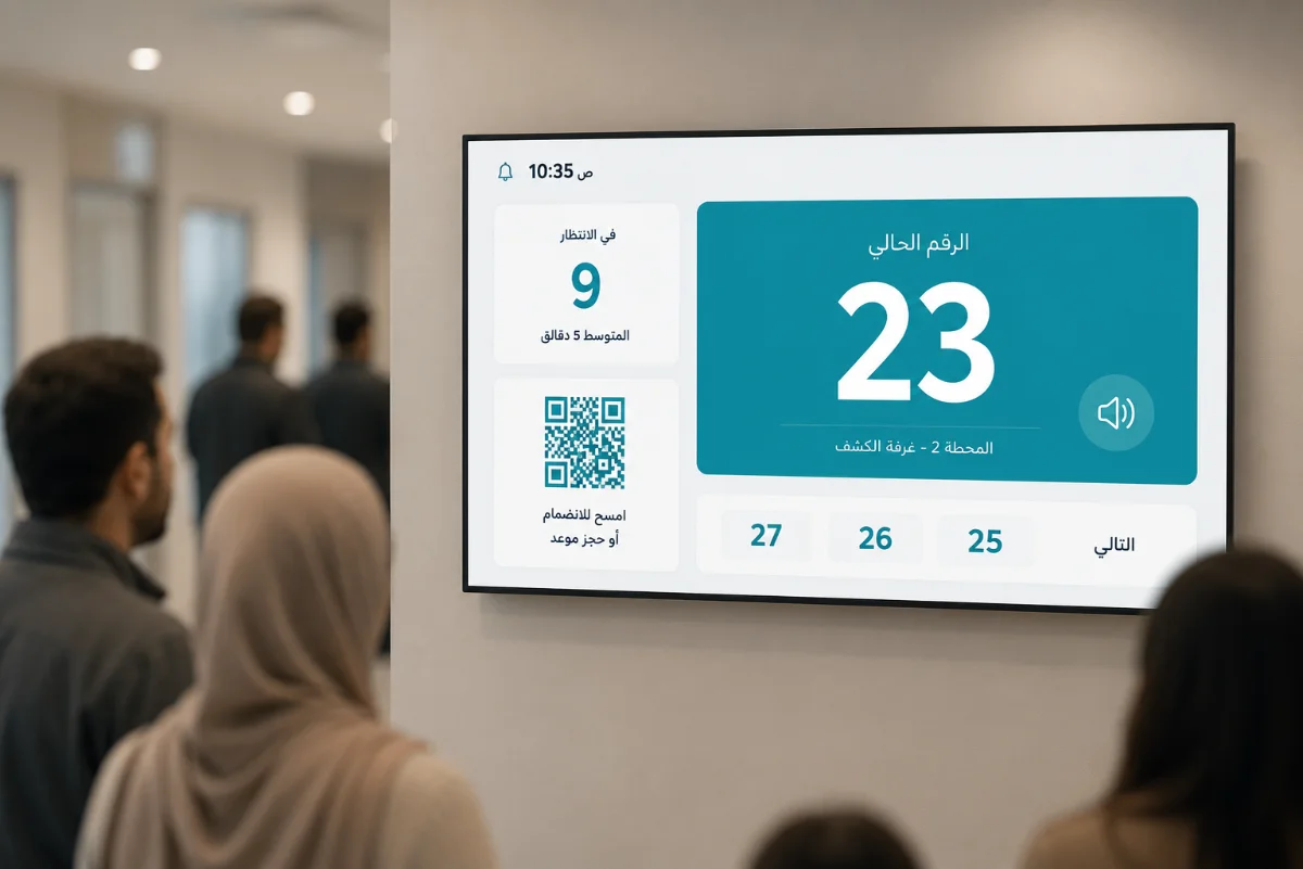 شاشة انتظار عيادتك معلقة على حائط القاعة تعرض الرقم الحالي 23 والأرقام التالية ورمز QR